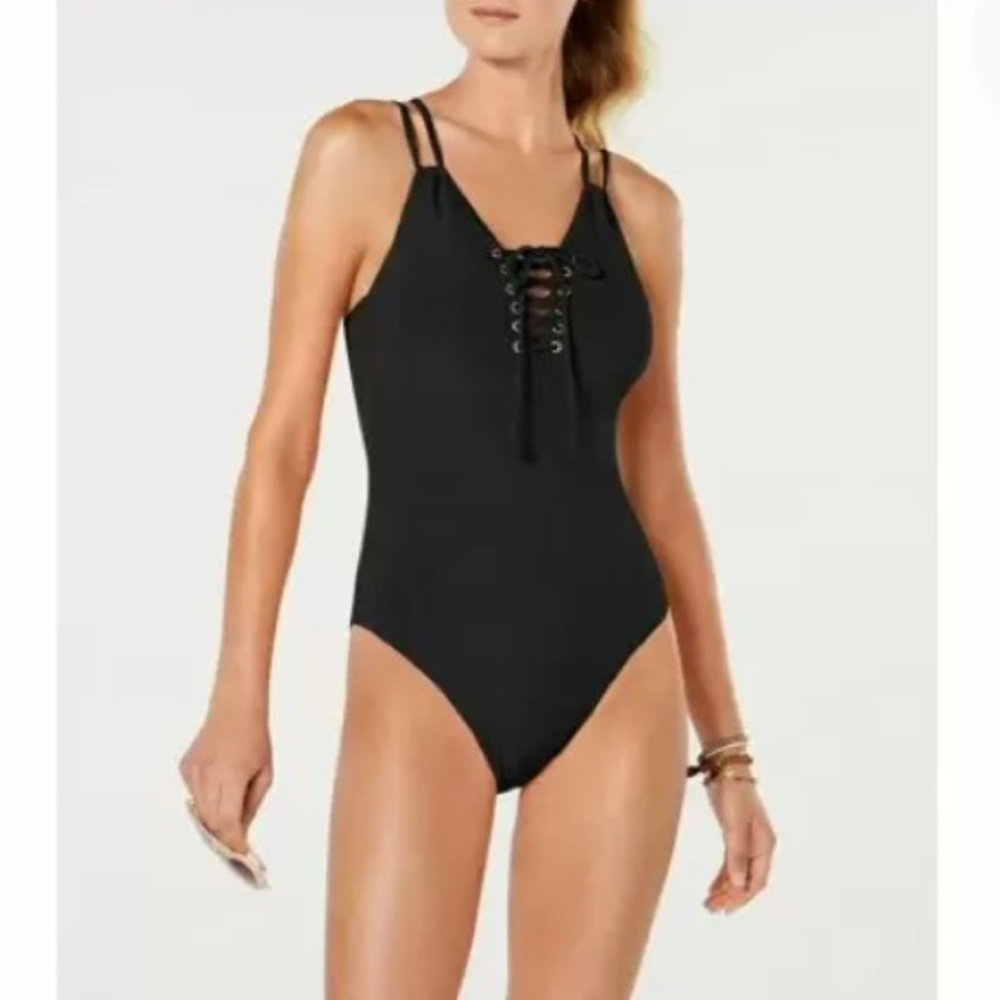 NEW Hula Honey Rib Lace Up Juniors One Piece Bathing Swim Suit, Size Small Black